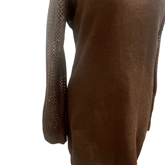 Zara Chocolate Brown Knit Sweater Dress Pointelle Balloon Sleeve Mini Size L - Picture 4 of 11